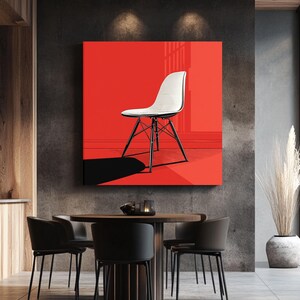 Arte da Cadeira Eames de Meados do Século XX – Ilustração em Preto e Branco no Estilo Saul Bass sobre Tela Vermelha com Sombras, Decoração de Parede Moderna e Retrô