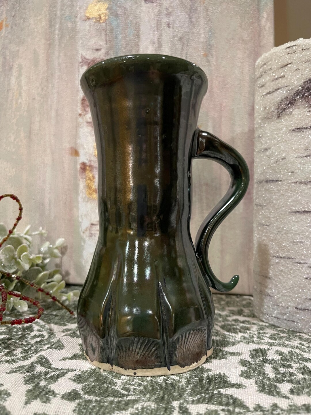 Signed Studio Pottery Vase Green Drip Glaze Hand Thrown Ceramic Pitcher ...