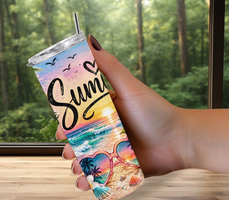 以下が含まれることがあります： 透明な蓋とストローが付いた背の高い円筒形のタンブラーで、カラフルなビーチシーンがプリントされています。デザインには黒い筆記体でSummerという文字、ハートのアイコン、海に沈む夕日、ヤシの木、ハート型のサングラスが描かれています。