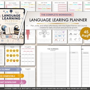 May include: A digital language learning planner workbook featuring 45 pages of templates including vocabulary lists, habit trackers, and goal plans. The cover displays a globe, books, and headphones, with text reading Language Learning Planner.