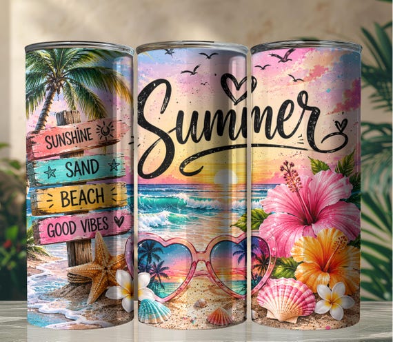 Summer Tumbler Wrap | Tropical Beach 20oz Skinny Tumbler PNG | Sunshine Sublimation Design | Vacation Drinkware Wrap | Instant Download