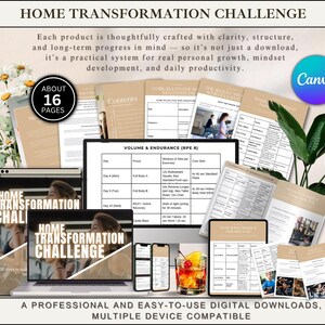 Puede incluir: Un planificador digital Home Transformation Challenge con 16 páginas de rutinas de ejercicio, tablas y objetivos en pantallas de portátil, tableta y móvil, junto a un vaso de té helado y una decoración floral.