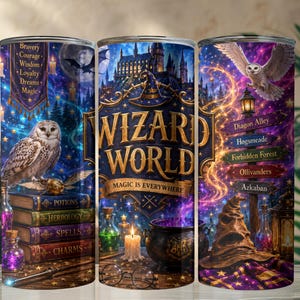 May include: A cylindrical tumbler featuring a vibrant fantasy design with a white owl, a stack of books labeled Potions, Herbology, Spells, and Charms, a cauldron, a sorting hat, and a signpost with locations like Diagon Alley and Azkaban.