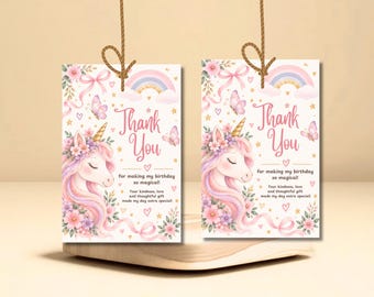 Puede incluir: Dos etiquetas de regalo rectangulares colgadas con cuerda marrón, con una ilustración de unicornio con crin floral, arcoíris, mariposas y corazones. El texto dice: Thank You for making my birthday so magical! Your kindness, love and thoughtful gift made my day extra special!