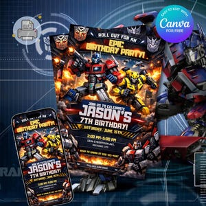 以下が含まれることがあります： 「Roll Out For An Epic Birthday Party!」と「Join Us To Celebrate Jason's 7th Birthday!」のテキストが入った、トランスフォーマーのデザインの誕生日パーティー招待状。赤、青、黄色のトランスフォーマーのキャラクターの画像が含まれています。スマートフォンには同じデザインが表示されています。