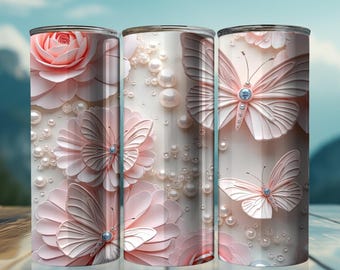 3D蝶タンブラーラップPNG、ピンクの蝶の昇華プリントデザイン（デジタルダウンロード）