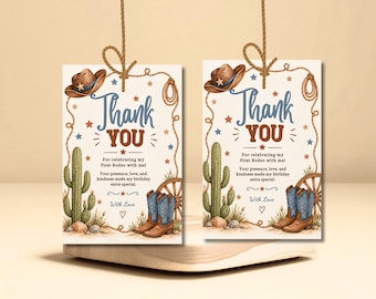 Modello di biglietto di ringraziamento per il primo compleanno a tema cowboy/rodeo, biglietto di ringraziamento per festa western modificabile su Canva, biglietto di ringraziamento stampabile per il primo compleanno
