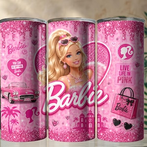 May include: A cylindrical tumbler featuring a pink glitter drip design, a blonde doll illustration, a pink convertible car, a shopping bag, heart-shaped sunglasses, and palm trees. Text includes Barbie, You Can Be Anything, and Live Life In Pink.