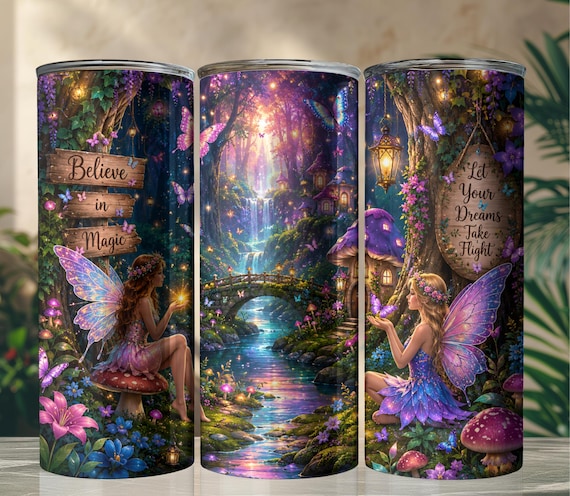 Enchanted Forest Fairy Tumbler Wrap PNG | 20oz Skinny Tumbler Sublimation Design | Magical Fairy Woodland Cup Wrap | Digital Download