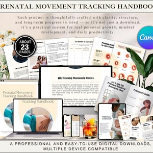 Puede incluir: Un conjunto de descarga digital Prenatal Movement Tracking Handbook con 23 páginas de registros de seguimiento del embarazo, gráficos de desarrollo fetal y guías de chequeo médico en pantallas de computadora, tableta y teléfono.