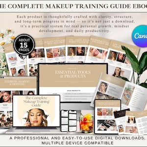 May include: The Complete Makeup Training Guide ebook is a digital resource featuring 15 pages of instructional content. It includes a laptop, two smartphones, and printed pages displaying makeup techniques, face products, and essential tools for application.