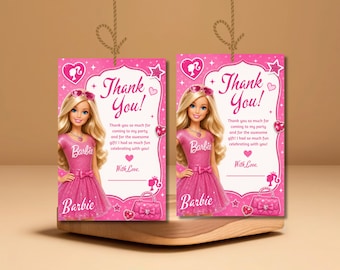 Plantilla editable de tarjeta de agradecimiento de Barbie para niños en Canva. Tarjeta de agradecimiento para fiesta de Barbie rosa, imprimible, para cumpleaños de niñas (descarga digital).