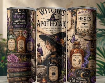 ヴィンテージ薬局魔女タンブラーラップPNG、ハロウィン20オンススキニータンブラー昇華プリント、ゴシック魔女カップラップ、ダークコテージコアPNG