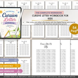 Può includere: Un quaderno di esercizi digitale di scrittura corsiva per bambini con 54 pagine di fogli di pratica. La copertina mostra il testo Cursive Letter Workbook, Step by step to beautiful handwriting, e include illustrazioni di sole e fiori.