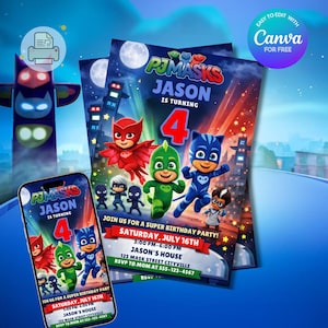 May include: PJ Masks themed birthday party invitations. The design features Catboy, Gekko, and Owlette. The invitations are blue and include the text "Jason is turning 4" and party details. A smartphone displays a matching invitation.