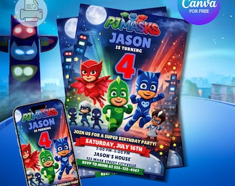 Nighttime Kids Superhero Geburtstagseinladung, Held Kinderparty einladen Vorlage, digitaler Download