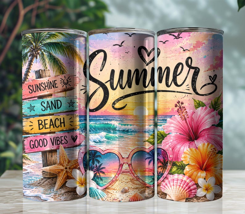 以下が含まれることがあります： Sunshine, Sand, Beach, Good Vibesと書かれた木製の看板がある、鮮やかなビーチシーンが描かれた円筒形のタンブラー。夕日、ヤシの木、ハート型のサングラス、ハイビスカスの花、貝殻がデザインされています。