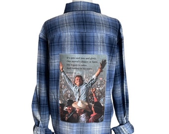 Upcycled Embellished Flannel Shirt Rodeo Theme Blue and White Flannel Men’s Size Medium