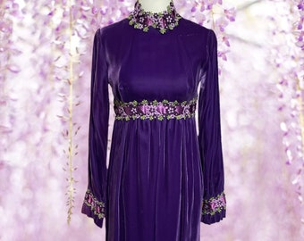 Vintage Purple Velvet Maxi Dress Empire Waist With Floral Lace and Satin Ribbon Accents