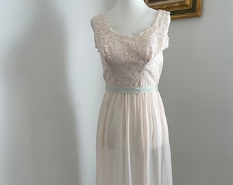 Sheer Satin Nightgown Long Light Pink, Lace Bodice With Beads Light Sage Ribbon, Vintage Nightgown