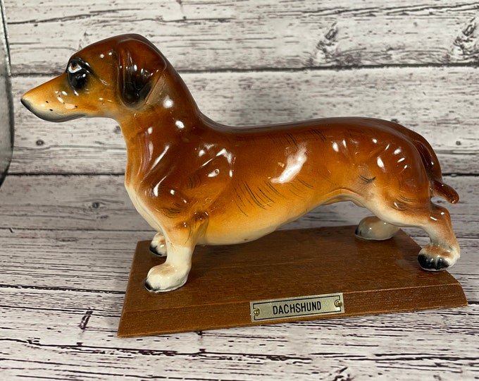 Vintage Dachshund Porcelain Figurine on Wood Base Etsy