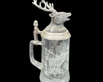 Vintage German Domex Beer Stein Tankard Pewter Deer Lid Solid Hinged Handle, Etched Glass Design