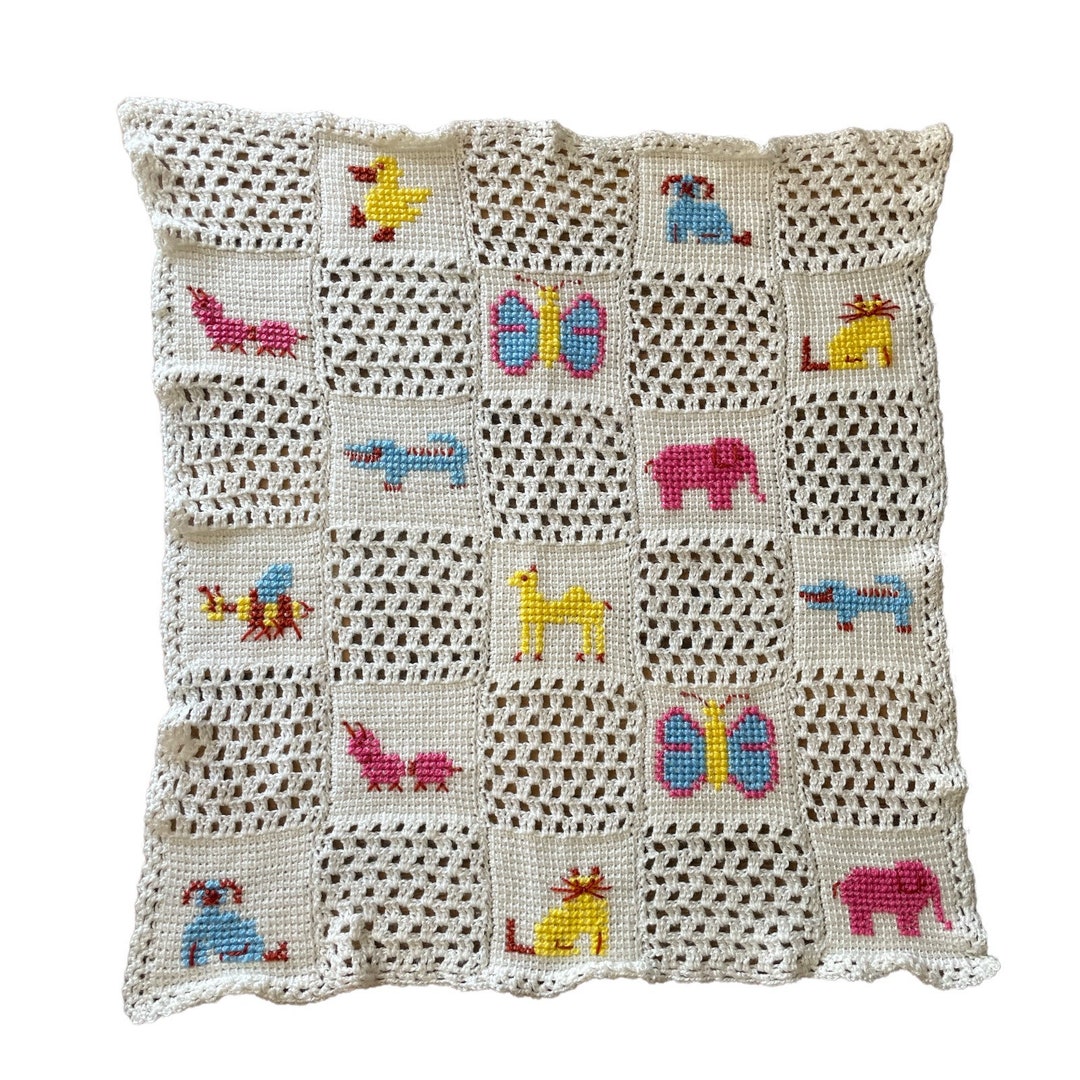 Vintage Crocheted Baby Blanket White Baby Afghan With Animals Handmade