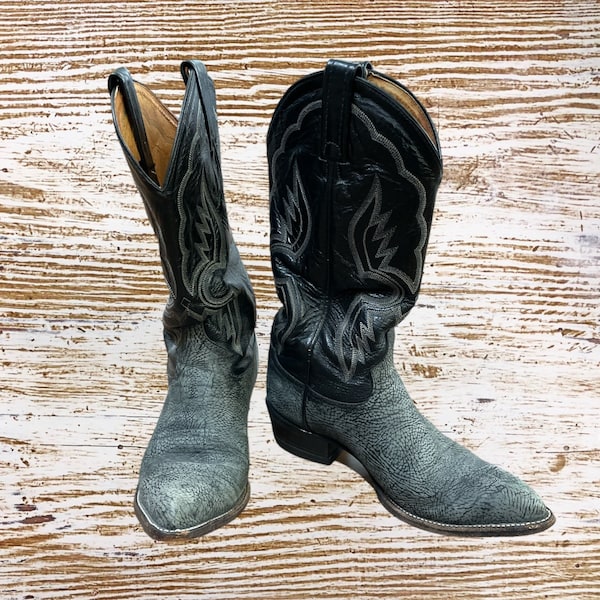 Vintage Tony Lama Cowboy Boots Style 6252 Black and Gray Men’s Size 8.5 Vintage 1990s Western Boots