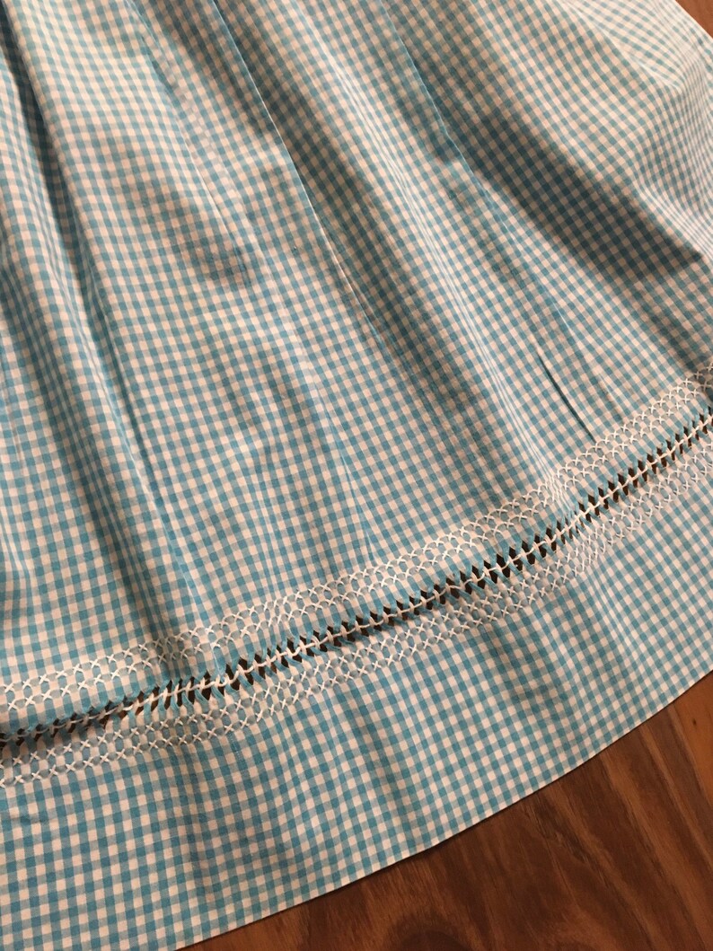 Vintage Apron Vintage Handmade Light Blue and White Gingham Half Apron Cross Stitched Accents