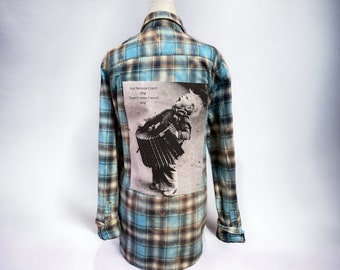 Upcycled Flannel Shirt With Back Patch Bleached Flannel “Just Because I Can’t Sing Doesn't Mean I Won’t Sing” Size Large