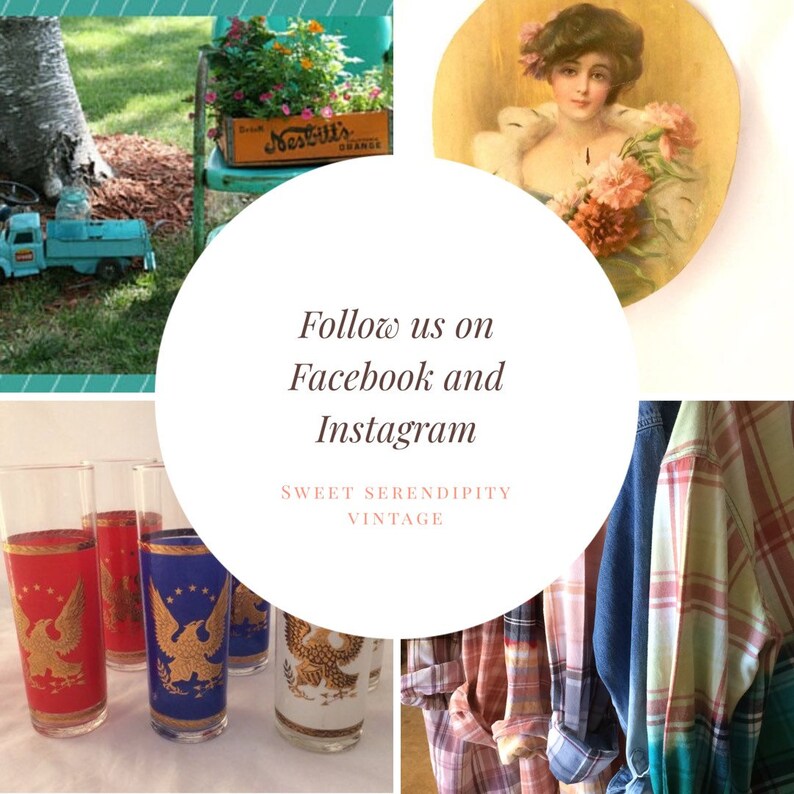 May include: A collage of vintage items including a toy truck, a plant in a metal container, a framed painting of a woman with flowers, four glasses with an eagle design, and a stack of plaid shirts. The text "Follow us on Facebook and Instagram" is in the center of the image. The text "Sweet Serendipity Vintage" is below the text "Follow us on Facebook and Instagram".