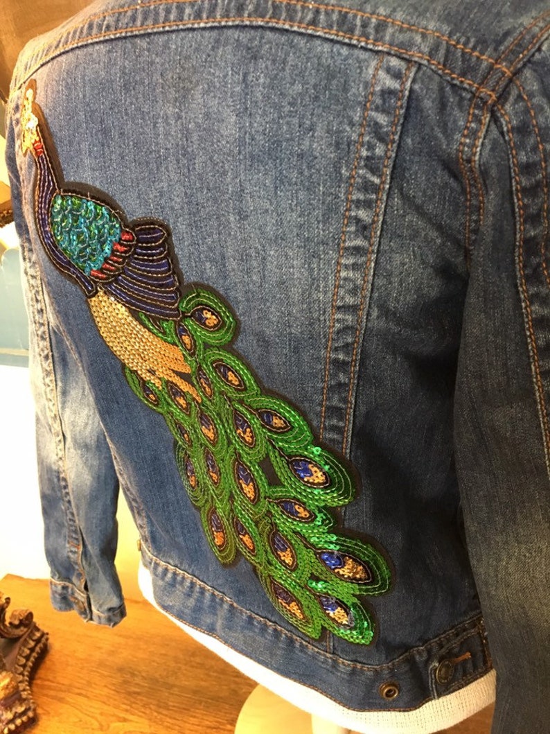 Peacock Jean Jacket Girls XL Sequined Peacock Denim Jacket | Etsy