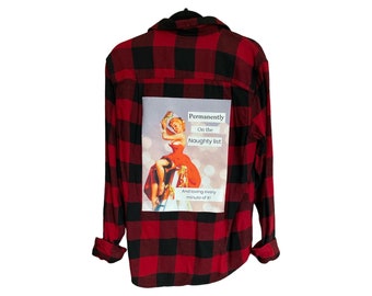 Christmas Flannel Shirt Buffalo Plaid Upcycled Flannel Shirt "Permantly On The Naughty List and Loving Every Minute Of It" Vintage Pin Up