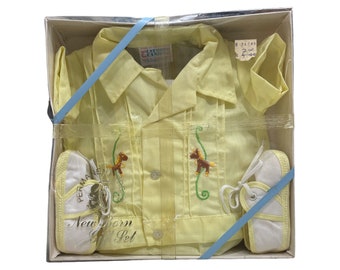 Vintage Newborn Outfit Gift Set Catton Candy Outfit and Booties Newborn Size Yellow Embroidered Permanent Press Unisex Outfit