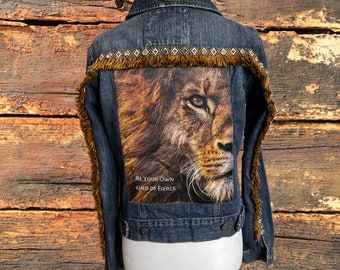 Upcycled Fringed Denim Jacket, Lion and Fringe Be Your Own Kind of Fierce Patch, Empowerment Jean Jacket Size Medium