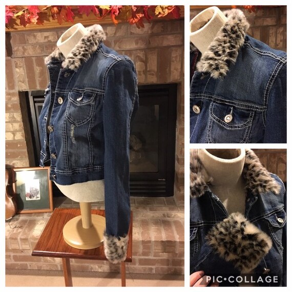 distressed denim jacket with fur