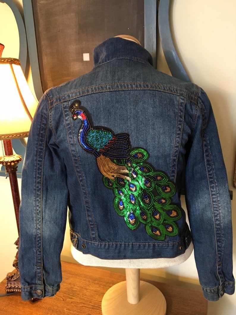 Peacock Jean Jacket Girls XL Sequined Peacock Denim Jacket | Etsy