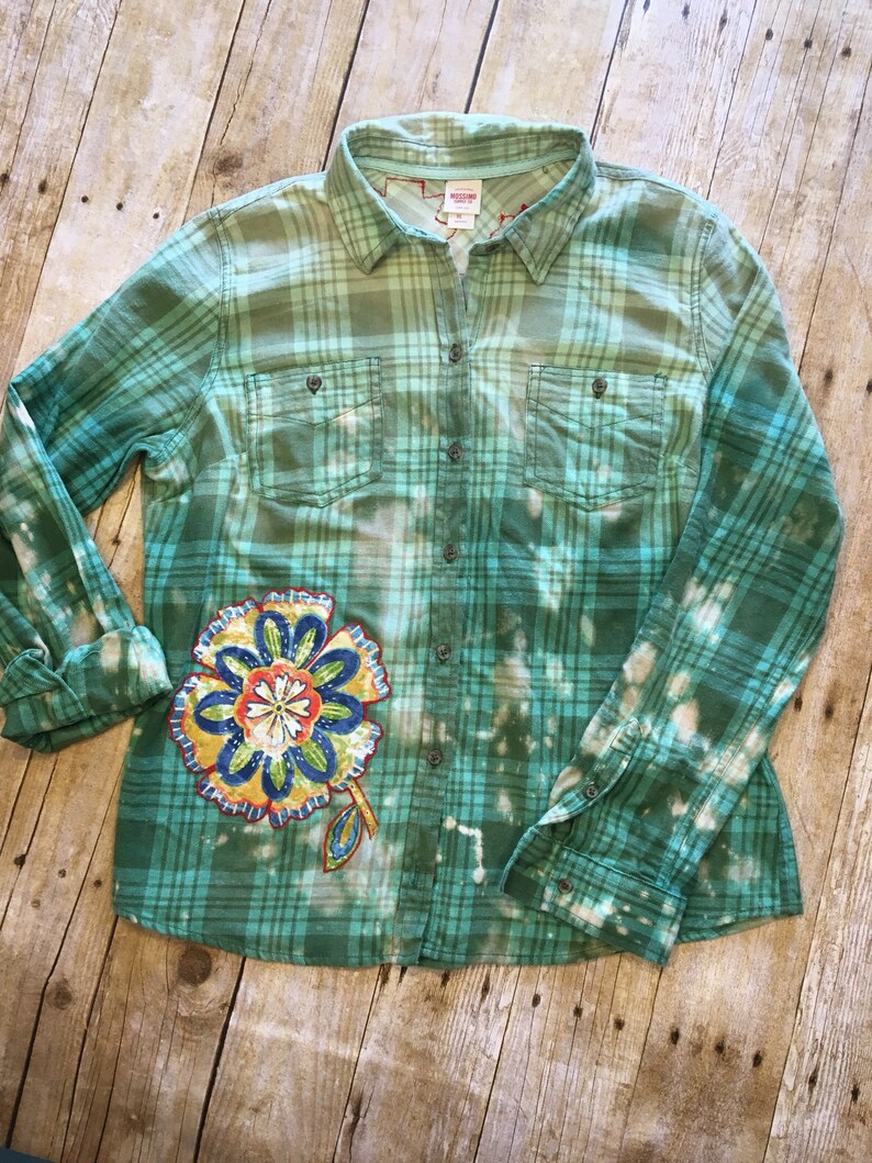 Upcycled Distressed and Embellished Flannel Shirt Green | Etsy