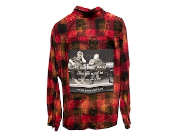 Upcycled Flannel Shirt  With Funny Patch Vintage Photo of Two Women Napping on Bench "We may not party like we used to...." Size XL