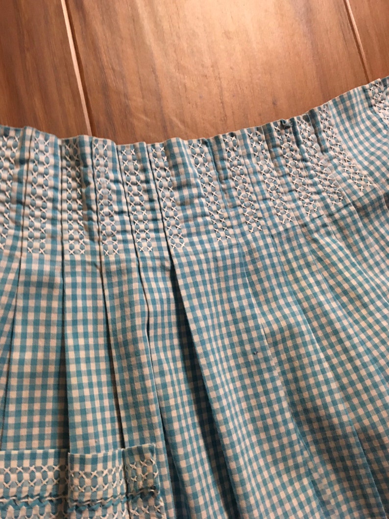 Vintage Apron Vintage Handmade Light Blue and White Gingham Half Apron Cross Stitched Accents