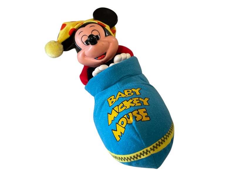 Vintage Mickey Mouse Plush Sleepy Baby Mickey Snuggles in Seeping Bag Rare Disney Collectible bild 1