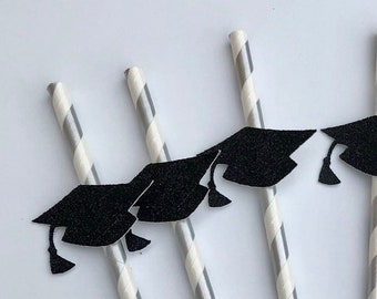 Class of 2022 Graduation Straws | Silver Grad Party Straws | Graduation Decorations 2022 | Graduation Cap Straws | Class of 2022 | 10 CT