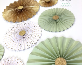 Mint Green Loves Gold Glitter || Gold Rosette Centerpieces || Mint and Gold Bridal Shower || Paper Fans || Pinwheels || Candy Buffet Decor