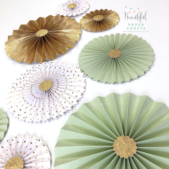 Mint Green Loves Gold Glitter || Gold Rosette Centerpieces || Mint and Gold Bridal Shower || Paper Fans || Pinwheels || Candy Buffet Decor Il_570xn