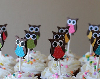 Owl Cupcake Toppers- Owl Birthday Party Decorations - Owl Party Decorations ..set of 12