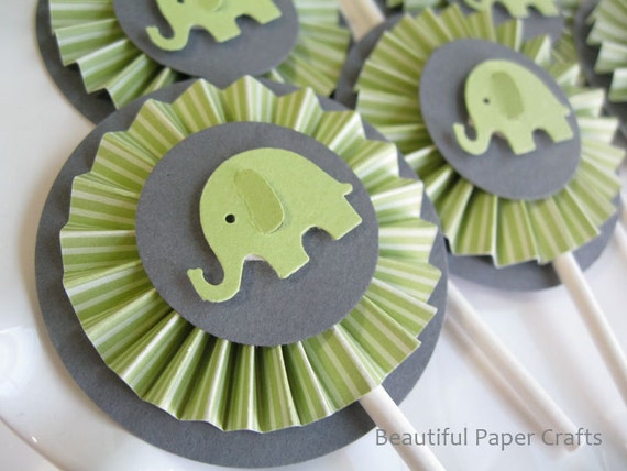 Elephant Baby Shower | Elephant Cupcake Topper | Green and Gray Baby Elephant Cupcake Toppers | Elephant Baby Shower Decorations |12ct Il_570xn