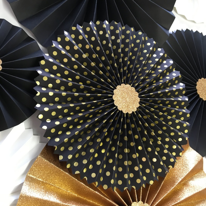 New Year's Eve Wedding Decor Gold Glitter Rosettes Black and Gold Rosette Backdrop Graduation Party Decorations Paper Fan Backdrop image 2