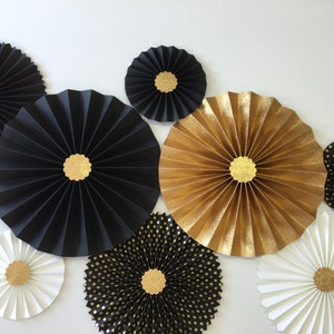 New Year's Eve Wedding Decor Gold Glitter Rosettes Black and Gold Rosette Backdrop Graduation Party Decorations Paper Fan Backdrop 8 Pc Set