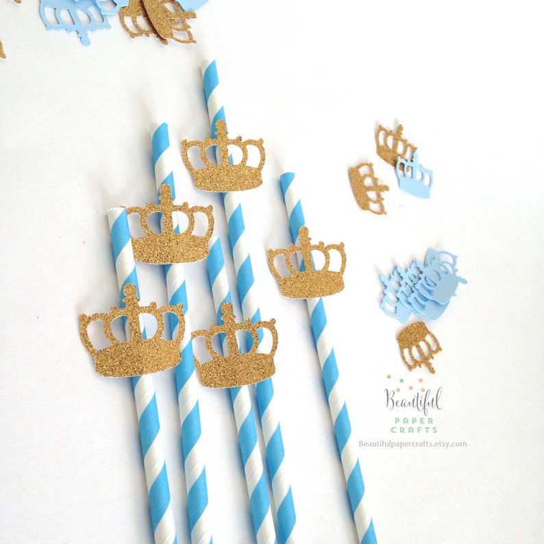Gold Crown Paper Rosette Prince Baby Shower Royal Prince Party Little Prince Party Decorations Baby Blue and Gold Glitter Crown