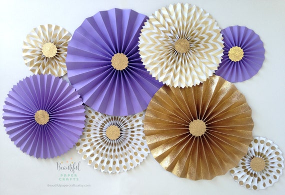 Lavender and Gold Glitter | Gold Rosette Backdrop | Purple and Gold Party | Paper Fans | Purple and Gold Paper Rosettes 8pc Il_570xn